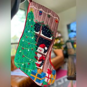 {Vintage} Needlepoint Santa Velvety Stocking EUC